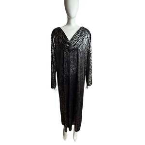 Vintage Judy Smith Black and Silver Metallic Damask Print Cowl Neck Maxi Dress w